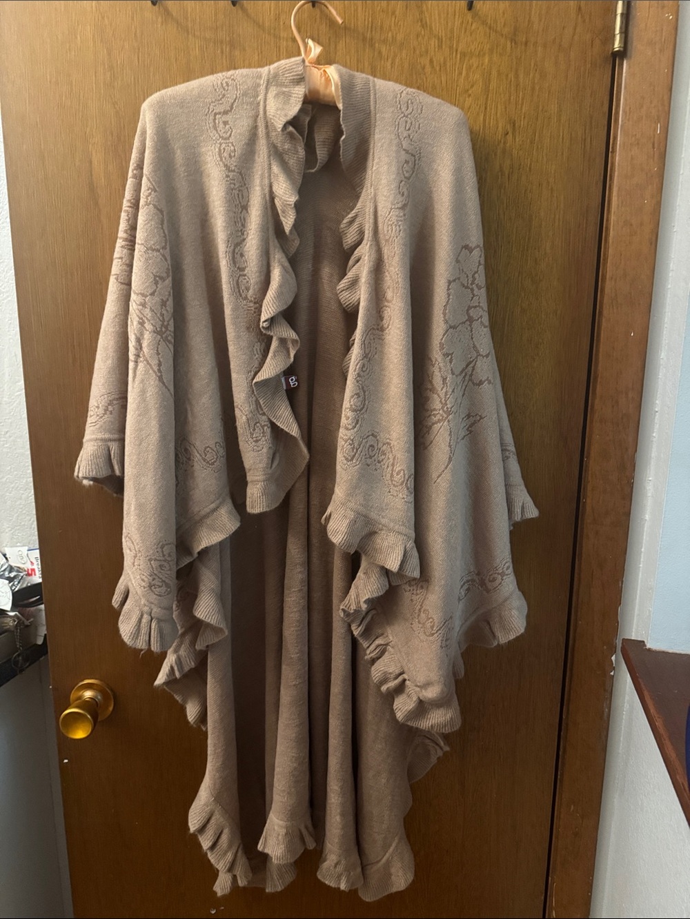 G by Giuliana Taupe Ruffled Knit Wrap with Jacquard Detail